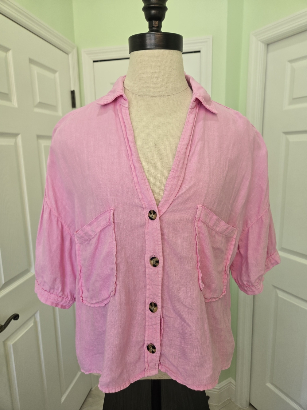 Zara Pink Linen Short-Sleeve Button Shirt with Patch Pockets Oversized